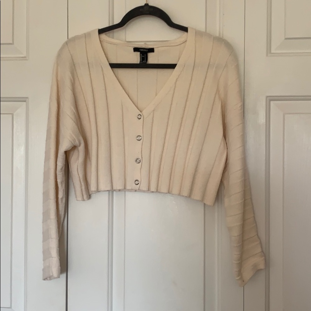 Forever 21 Ivory Ribbed Cropped Cardigan